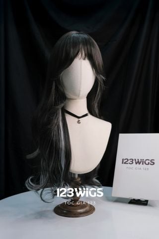 Bộ tóc giả nguyên đầu tơ cao cấp Mái thưa - Tóc Highlight Trắng - Dài ngang lưng - Xoăn tầng - Màu Nâu Socola  S1068