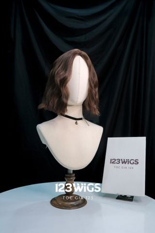 Bộ tóc giả nguyên đầu tóc tơ cao cấp 2 mái Xoăn sóng - Ngang cằm - màu Nâu Socola sáng S1063