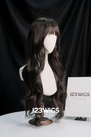 Bộ tóc giả nguyên đầu tơ cao cấp Mái thưa - Dài ngang lưng - Xoăn tầng - Màu Nâu Đen  S1065