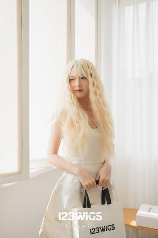 Tóc dài mái thưa xoăn xù mì màu vàng kim S1024