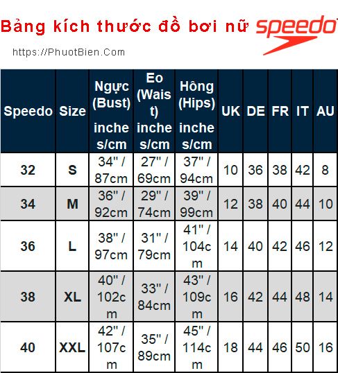 Kích thước đồ bơi nữ Speedo