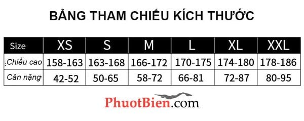 Bảng kích thước Wetsuit bơi lặn