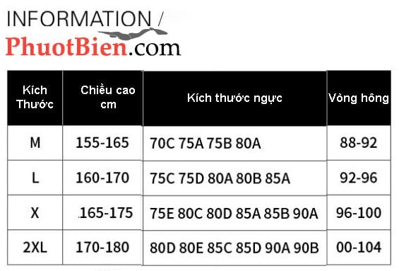 Kích thước đồ bơi nữ liền thân dạng lửng