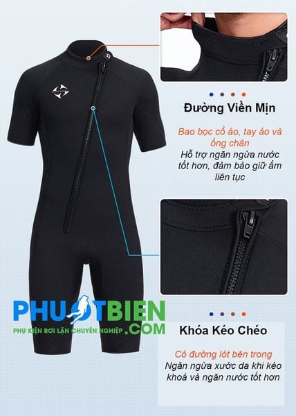 Đồ lặn biển chống thấm liền thân 1 mảnh wetsuit 3mm dạng lửng