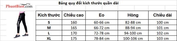 Bảng quy đôi kích thước quần bơi dài giữ nhiệt