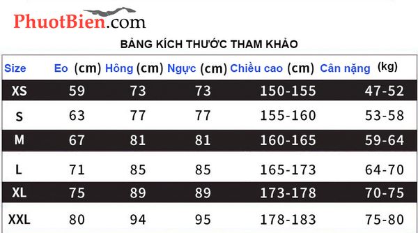 Bảng kích thước lựa chọn wetsuit