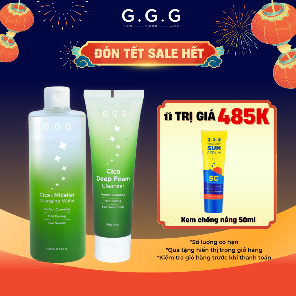 Bộ đôi Sạch sâu, Ẩm mịn, Không khô da từ Rau Má - GGG Cica Micellar Cleansing Water 400ml+ Cica Deep Foam Cleanser 125gr