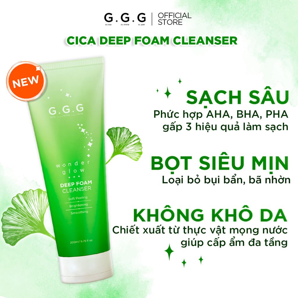 Sữa rửa mặt rau má AHA, BHA,PHA sạch sâu, ẩm mịn, không khô da - G.G.G Cica Deep Foam Cleanser 125g