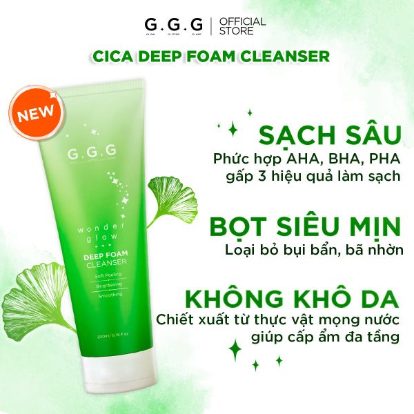 Sữa rửa mặt rau má AHA, BHA,PHA sạch sâu, ẩm mịn, không khô da - G.G.G Cica Deep Foam Cleanser 125g