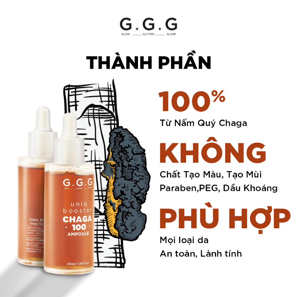 Booster Nấm Chaga, Tinh Chất Ampoule Cấp Ẩm Sâu Làm Dịu & Phục Hồi Da Tức Thì GGG Uniq Booster Chaga 50ml