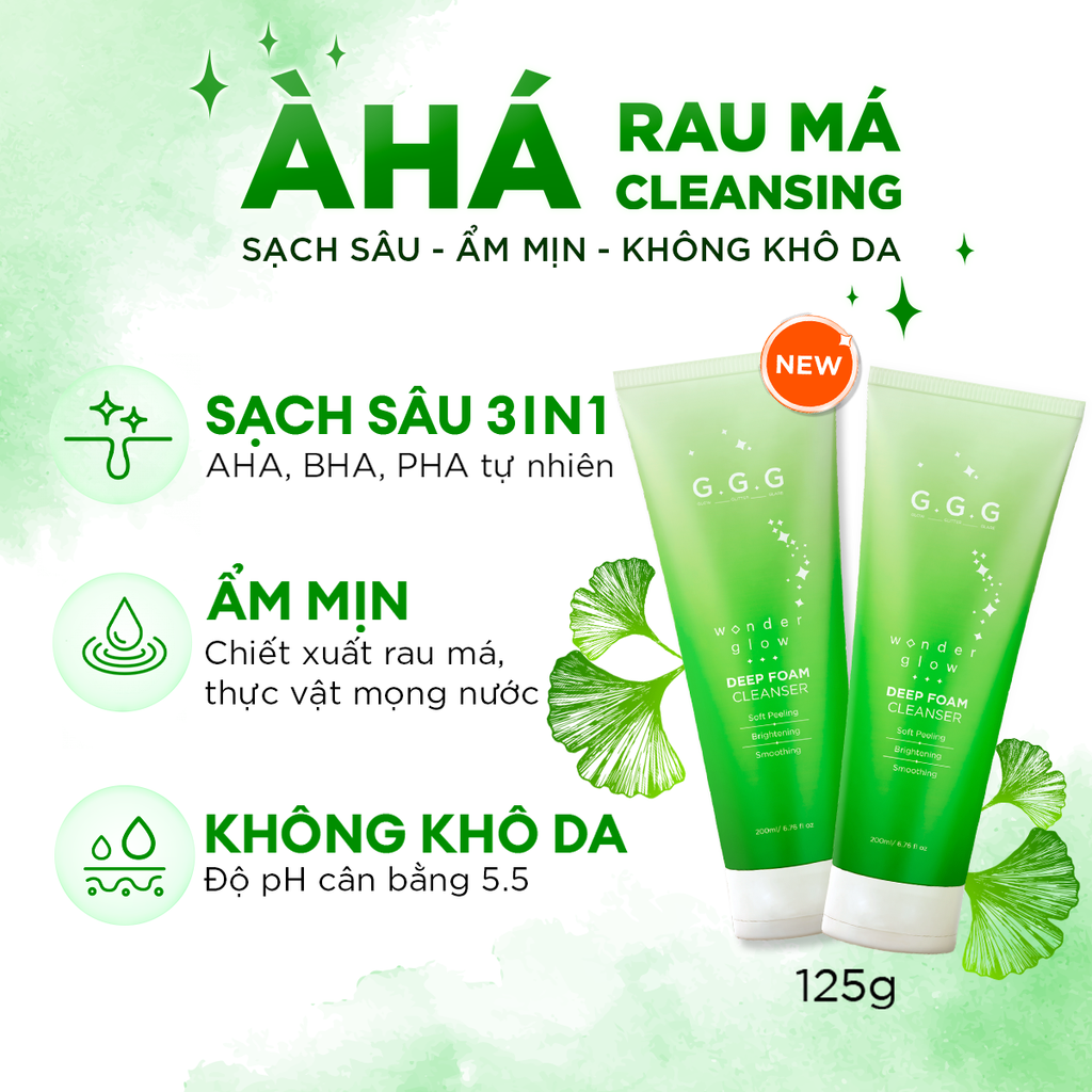 Sữa rửa mặt rau má AHA, BHA,PHA sạch sâu, ẩm mịn, không khô da - G.G.G Cica Deep Foam Cleanser 125g