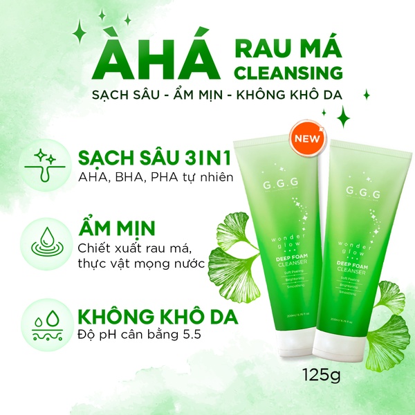 Sữa rửa mặt rau má AHA, BHA,PHA sạch sâu, ẩm mịn, không khô da - G.G.G Cica Deep Foam Cleanser 125g