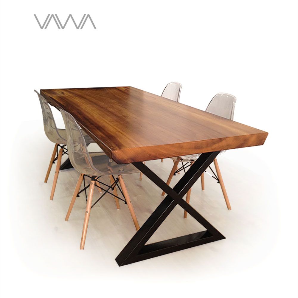 Bộ bàn ăn Gỗ Me Tây nguyên tấm 4 ghế Eames nhựa trong suốt 