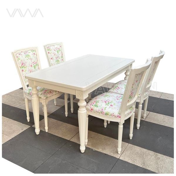  Bộ bàn ghế ăn Tân Cổ Điển kiểu Pháp Louis bọc vải hoa 