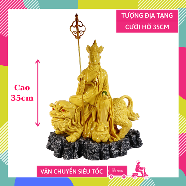 Tượng Phật Địa Tạng Vương Bồ Tát cưỡi hổ vẽ áo vàng lớn - Cao 35cm