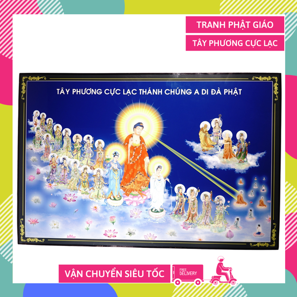 Tranh Phật Tây Phương Cực Lạc cùng A Di Đà Phật giữa trời xanh - 60x40cm