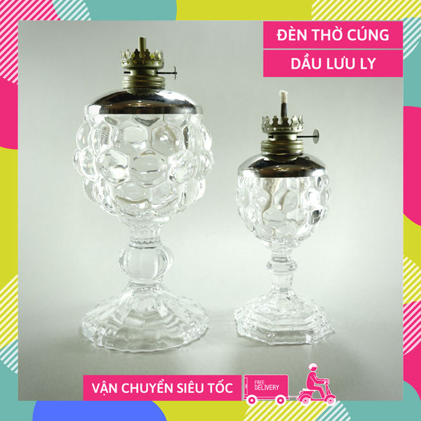 Đèn dầu thờ cúng chân cao pha lê nổi bọc inox cúng Phật đốt dầu lưu ly dầu hỏa - Nhiều cỡ