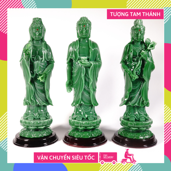 Bộ 3 tượng Phật Tây Phương Tam Thánh Tam Thế Phật cẩm thạch - Cao 25cm