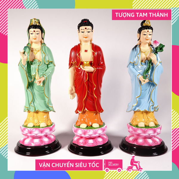 Bộ 3 tượng Phật Tây Phương Tam Thánh Tam Thế Phật áo vẽ màu - Cao 25cm