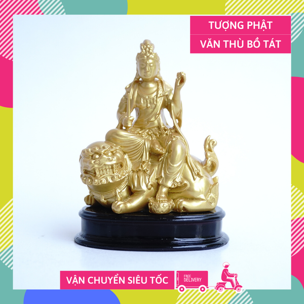 Tượng Phật Văn Thù bồ tát ngồi cưỡi hổ nhũ vàng - Cao 10cm