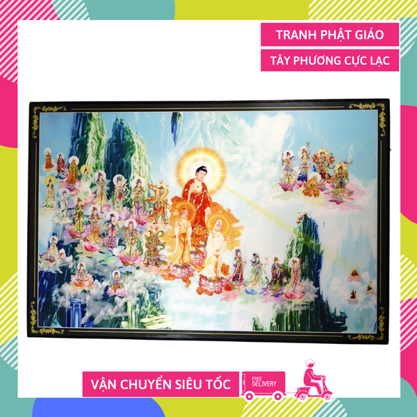 Tranh Phật Tây Phương Cực Lạc cùng A Di Đà Phật giữa núi non hùng vĩ - 60x40cm