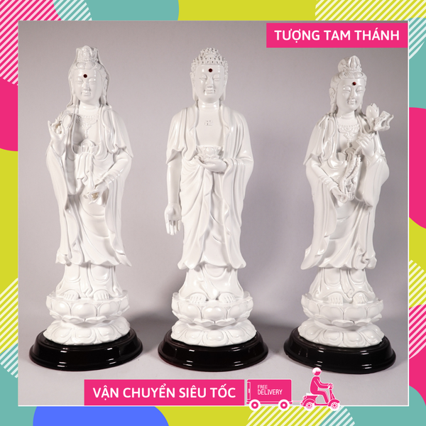 Bộ 3 tượng Phật Tây Phương Tam Thánh Tam Thế Phật trắng ngà - Cao 25cm