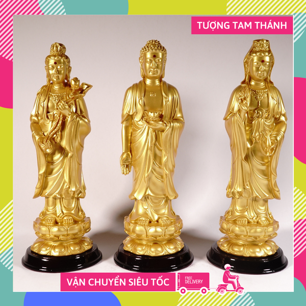 Bộ 3 tượng Phật Tây Phương Tam Thánh Tam Thế Phật nhũ vàng - Cao 25cm