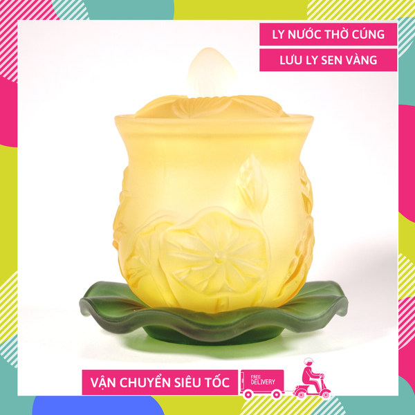 Ly nước thờ lưu ly sen vàng, chung nước đặt bàn thờ - Lưu ly cao cấp