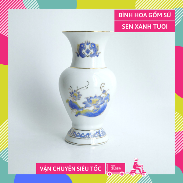 Bình hoa thờ cúng sen xanh tươi gốm sứ đặt bàn thờ - Cao 18cm