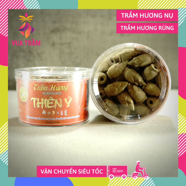 Nụ trầm hương Thiên Ý búp sen - 50 viên trầm hương xông trầm cao cấp - Hộp tròn đỏ - Cháy 20 phút/Viên