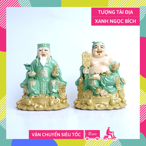 Tượng thờ Tài Địa Thần Tài Thổ Địa sơn xanh đế vàng - Cao 15cm