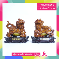 Cặp tượng tỳ hưu phong thủy bụng trứng vàng tài lộc - Hưu vân gỗ 17cm