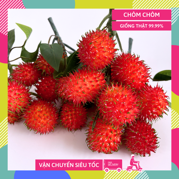 Chùm Chôm Chôm giả siêu giống thật, mô hình trái cây giả trang trí chùm chôm chôm