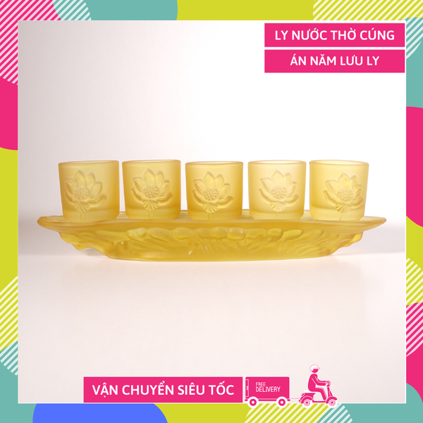 Bộ án 5 ly nước đặt bàn thờ, án 5 ly nước thờ lưu ly vàng - Cao cấp