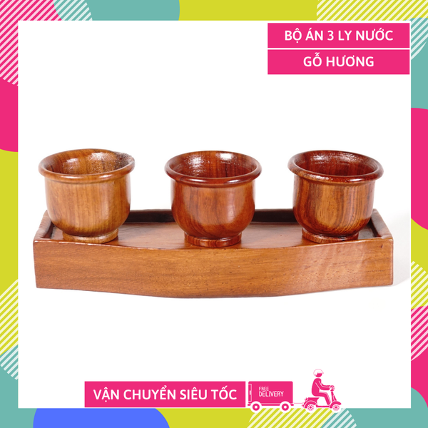 Bộ 3 ly nước thờ cúng gỗ hương nguyên khối cao cấp có đế - 15x5cm