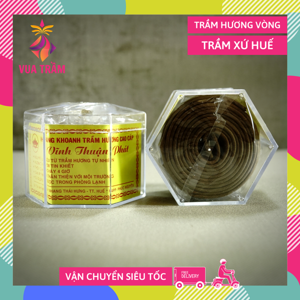 Nhang khoanh trầm hương Vĩnh Thuận Phát - Hương 20 vòng xứ Huế siêu sạch cháy 4 Giờ - Hộp lục giác vàng