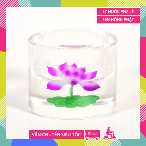 Ly nước thờ, chung nước pha lê đặt bàn thờ cúng sen hồng cao cấp