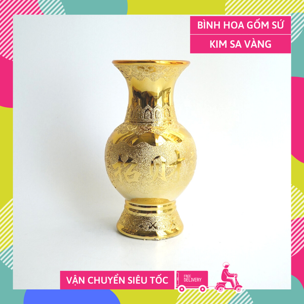 Bình hoa thờ cúng kim sa vàng gốm sứ đặt bàn thờ - Cao 18cm