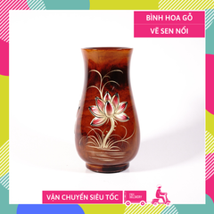 Bình hoa gỗ vẽ sen nổi, mai đào thờ cúng củ huệ mỹ nghệ cao cấp - Cao 14cm