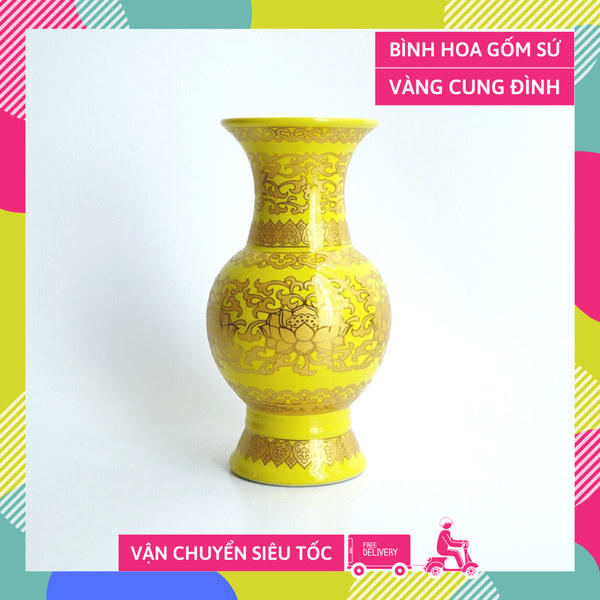 Bình hoa thờ cúng gốm sứ, bình hoa đặt bàn thờ cúng vàng cung đình - Cao 18cm