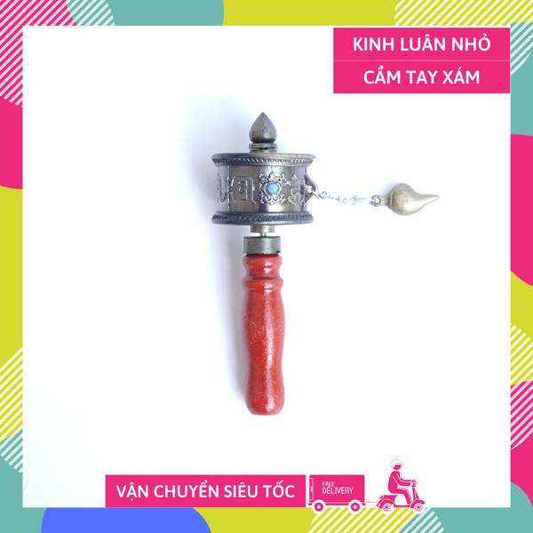 Bánh xe Mani Kinh Luân cầm tay xoay Tây Tạng mạ xám cầu bình an - Cao 11cm