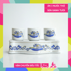 Bộ án 3 ly nước thờ cúng lưu ly xanh, án 3 chung nước thờ - Cao cấp