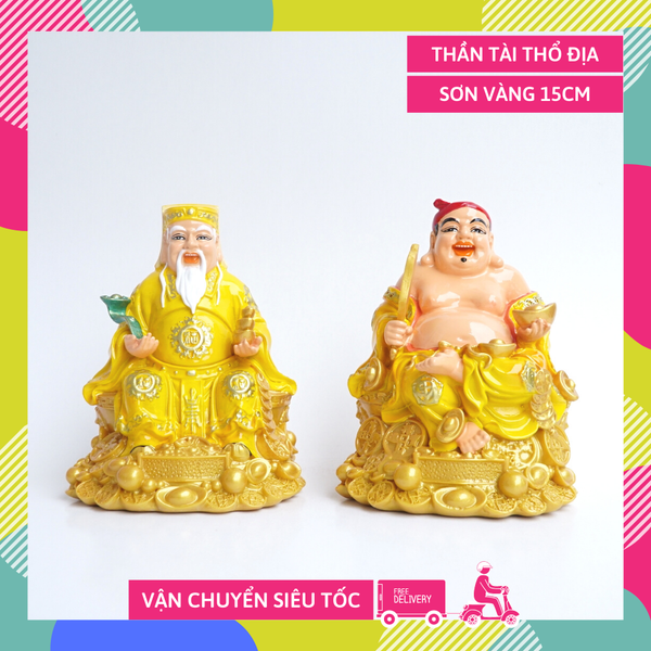 Tượng thờ Tài Địa Thần Tài Thổ Địa sơn vàng đế vàng - Cao 15cm & 22cm