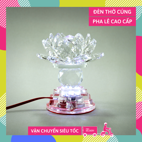 Đèn thờ cúng điện pha lê nguyên khối hoa sen đèn thờ led đổi màu trụ tròn tầng cao cấp - Cao 12cm