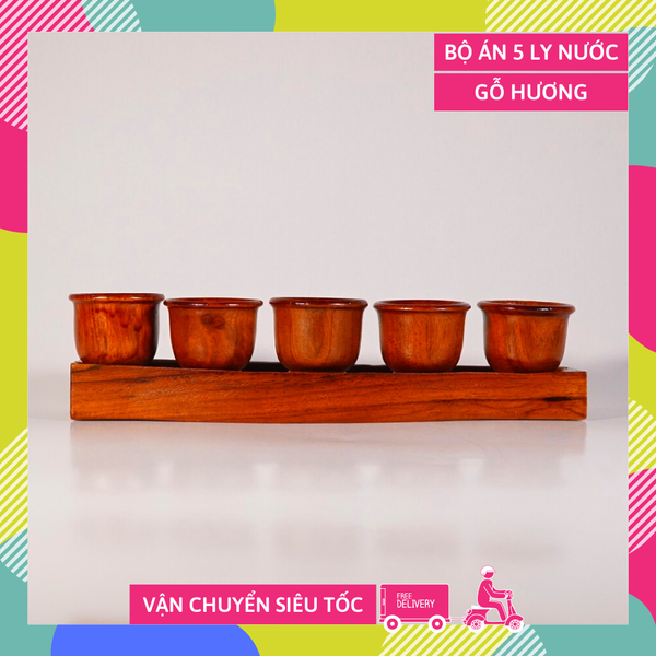 Bộ án 5 ly nước đặt bàn thờ cúng cao cấp, án 5 chung nước thờ gỗ hương cao cấp - Dài 22cm