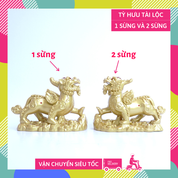 Cặp tượng tỳ hưu 1 sừng và 2 sừng nhũ vàng cầu tài lộc giàu có - 15cm