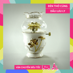 Đèn dầu gốm sứ thờ cúng bạch ngọc hoa sen mạ vàng đốt dầu lưu ly dầu hỏa - Cao 14cm