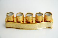 Bộ án năm ly nước thờ cúng kim sa vàng gốm sứ - Gồm đế và 5 ly nước