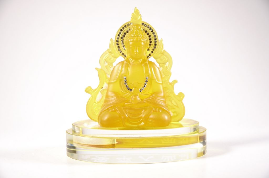 Tượng phật Quan Âm Bồ Tát lưu ly 2 mặt đế kính đặt xe ô tô - Cao 13cm