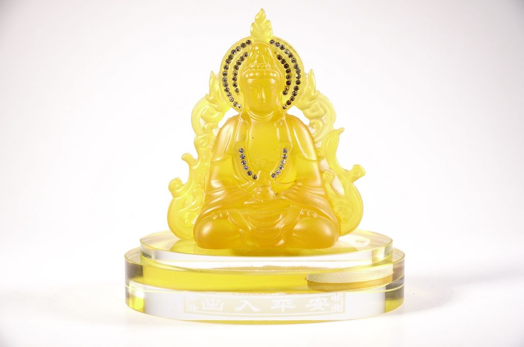 Tượng phật Quan Âm Bồ Tát lưu ly 2 mặt đế kính đặt xe ô tô - Cao 13cm